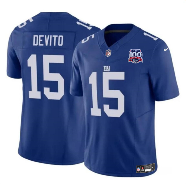 Men's New York Giants #15 Tommy DeVito Blue 2024 F.U.S.E. 100TH Season Patch Vapor Untouchable Limited Football Stitched Jersey